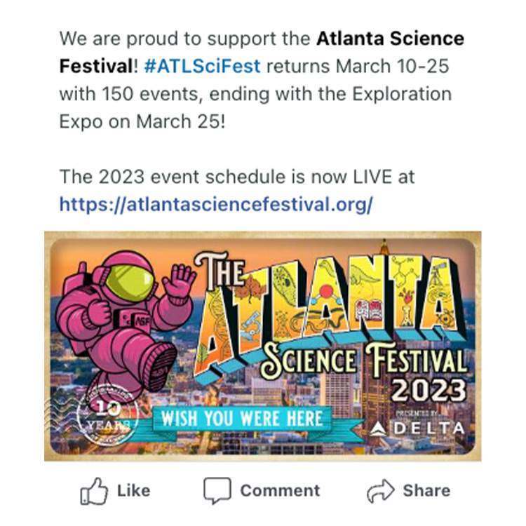 Example of an Atlanta Science Festival 2023 Facebook post.