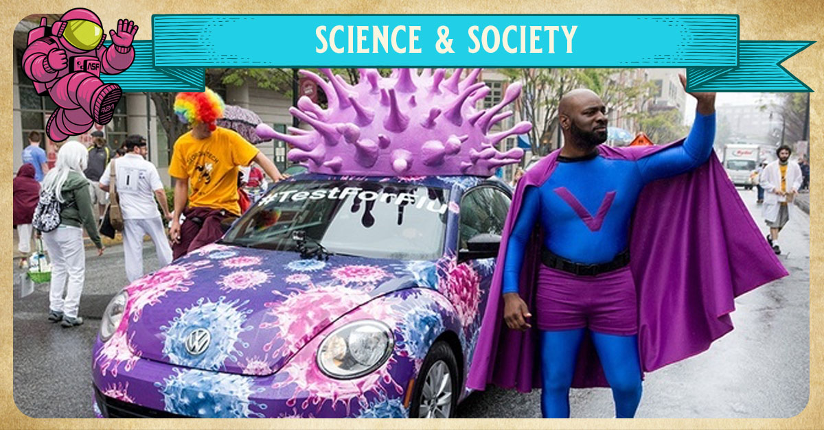 image of artistic purple car and man dressed in costume