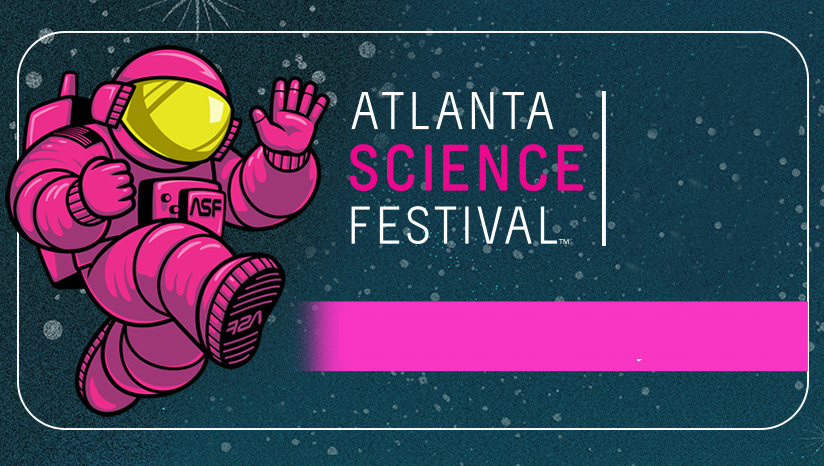 Atlanta Science Festival logo with mascot ALEX in space.