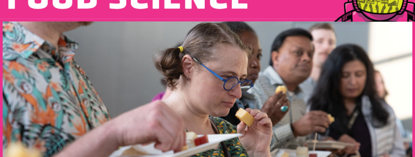 Woman inspecting piece of cheese